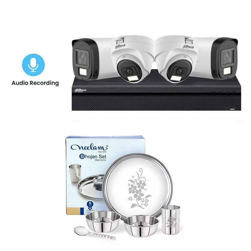 Picture of Dahua 4 CCTV Cameras Combo (2 Indoor & 2 Outdoor CCTV Cameras with Mic) + DVR + HDD + Accessories + Power Supply + 90m Cable + Neelam Dinner Set